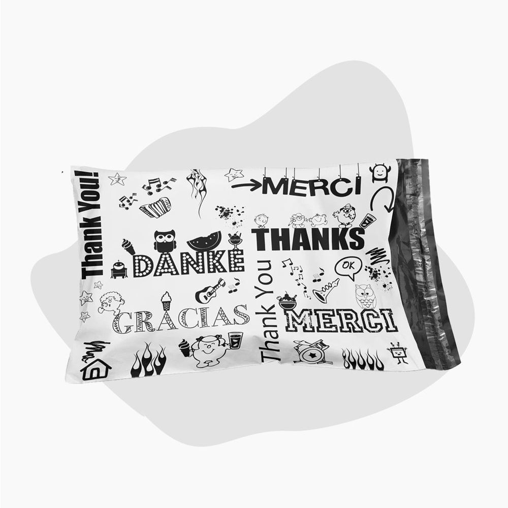 (25) 10x13 Thank You Poly Mailers Multi-Language 2.3Mil Heavy Duty Self Sealing